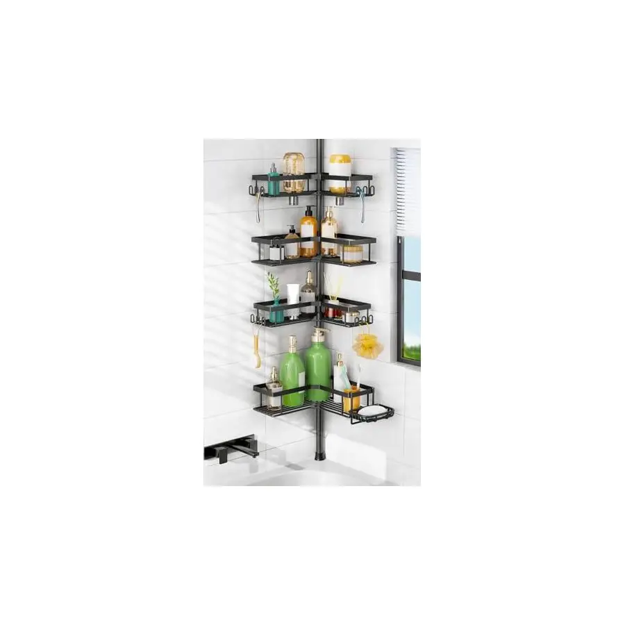 

Угловая полка-органайзер для душа на 4 уровня с держателем для мыла и крючками, без сверления, регулируемая, из нержавеющей стали