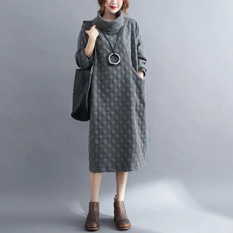 Vintage Fashion High Collar Oversized Elegant Chic Dresses for Women Autumn Winter Simple Solid Long Sleeve Pockets Midi Dress