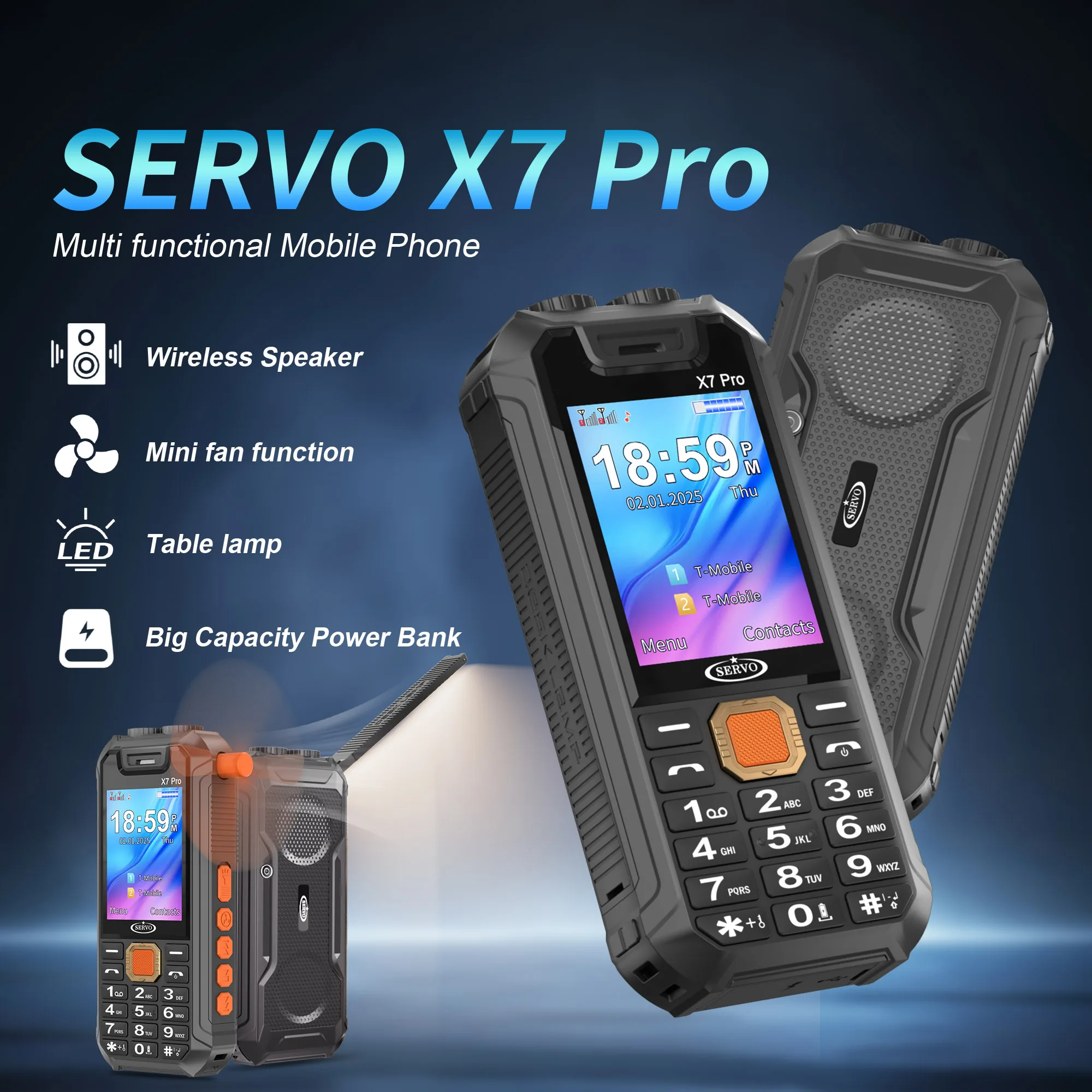SERVO X7 PRO Multifunctional Mobile Phone Dual SIM Standby Call Recording Blacklist Magic Voice Mini Fan Power Bank 2G GSM Phone