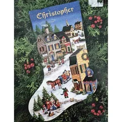 Amishop Village Scene Stocking Counted Cross Stitch Kit Winter Skiing Town Christmas Family Home Decoration Diy Dim 08527
