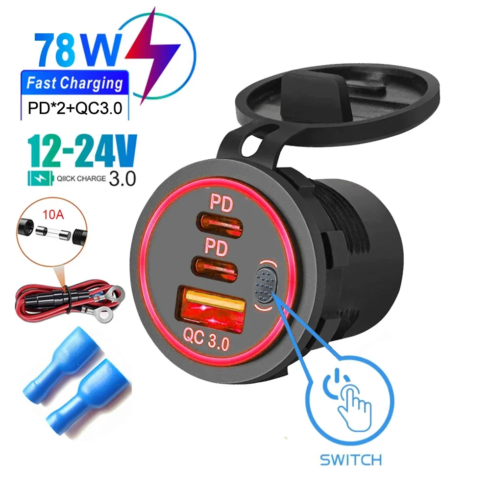 Schnellladegerät QC3.0 + PD Autoladegerät Buchse 78 W Doppelter USB-Anschluss Typ C Drei Ports Netzteil mit Schalter Universell wasserdicht
