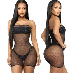 Ins Women's Sexy Hot Drilling See Through Lingerie Hip-Packed Stocking Skirt Bodysuits Open Crotch Pantyhose Teddies Sex Costume