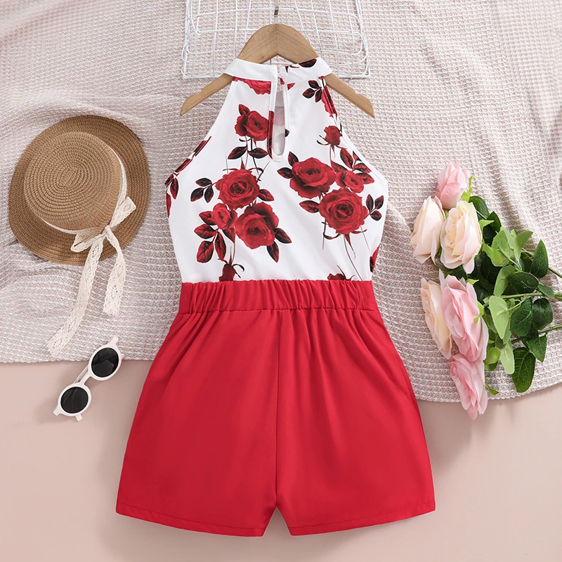 Kids Clothes Sets For Girls Summer 4-12 Years Hanging Neck Sleeveless Top And Solid Color Button Decorated Vacation Daily Casual