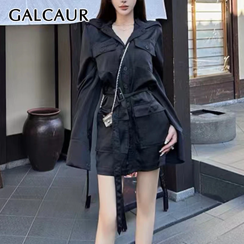 

GALCAUR Spliced Multi Pockets Women's Black Shirt Dress Lapel Long Sleeve Slimming Patchwork Lace Up Dress Autumn Fashion Style