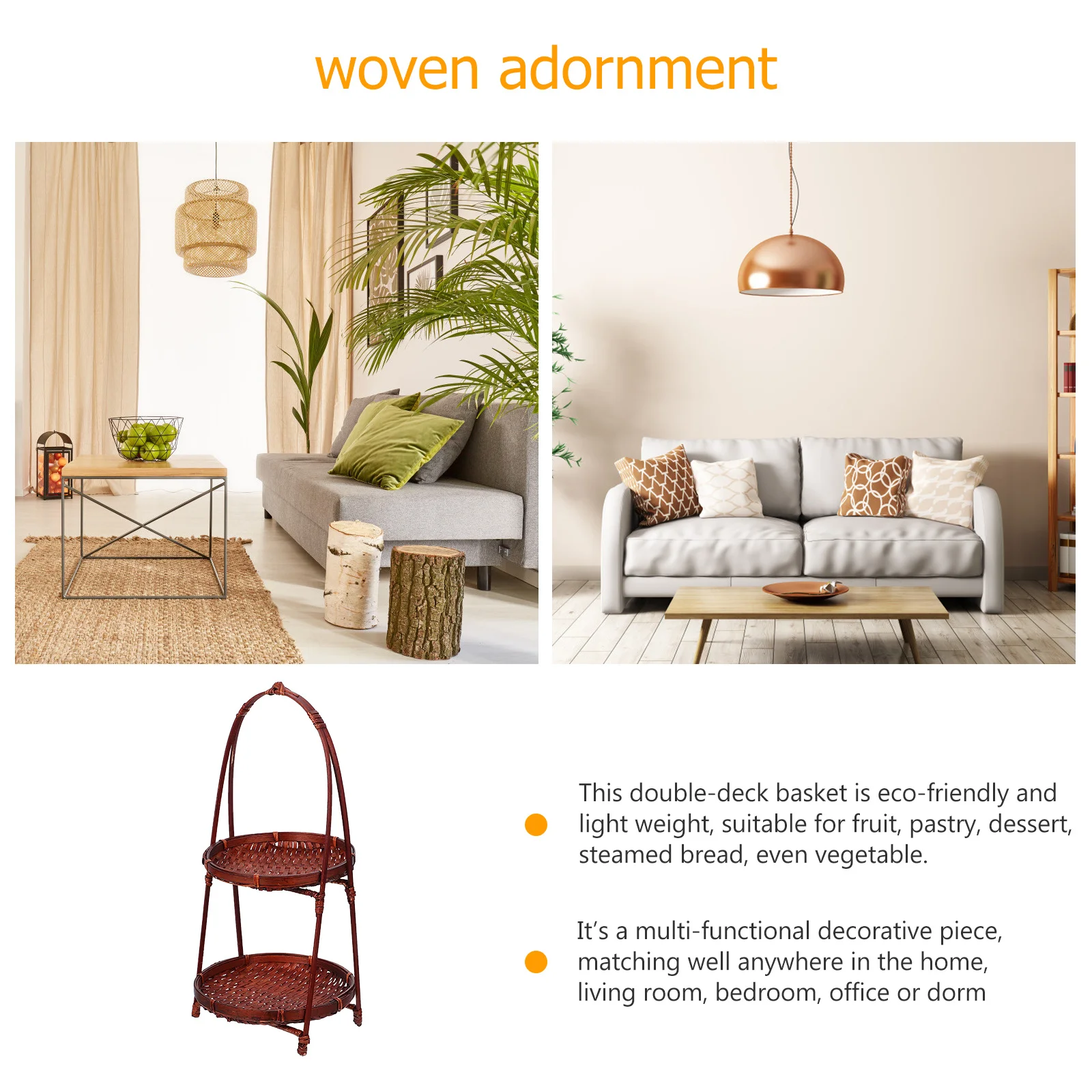 

Double-Tier Basket Bamboo Handwoven Fruit Stand Lightweight Storage Organizer Dessert Pastry Display