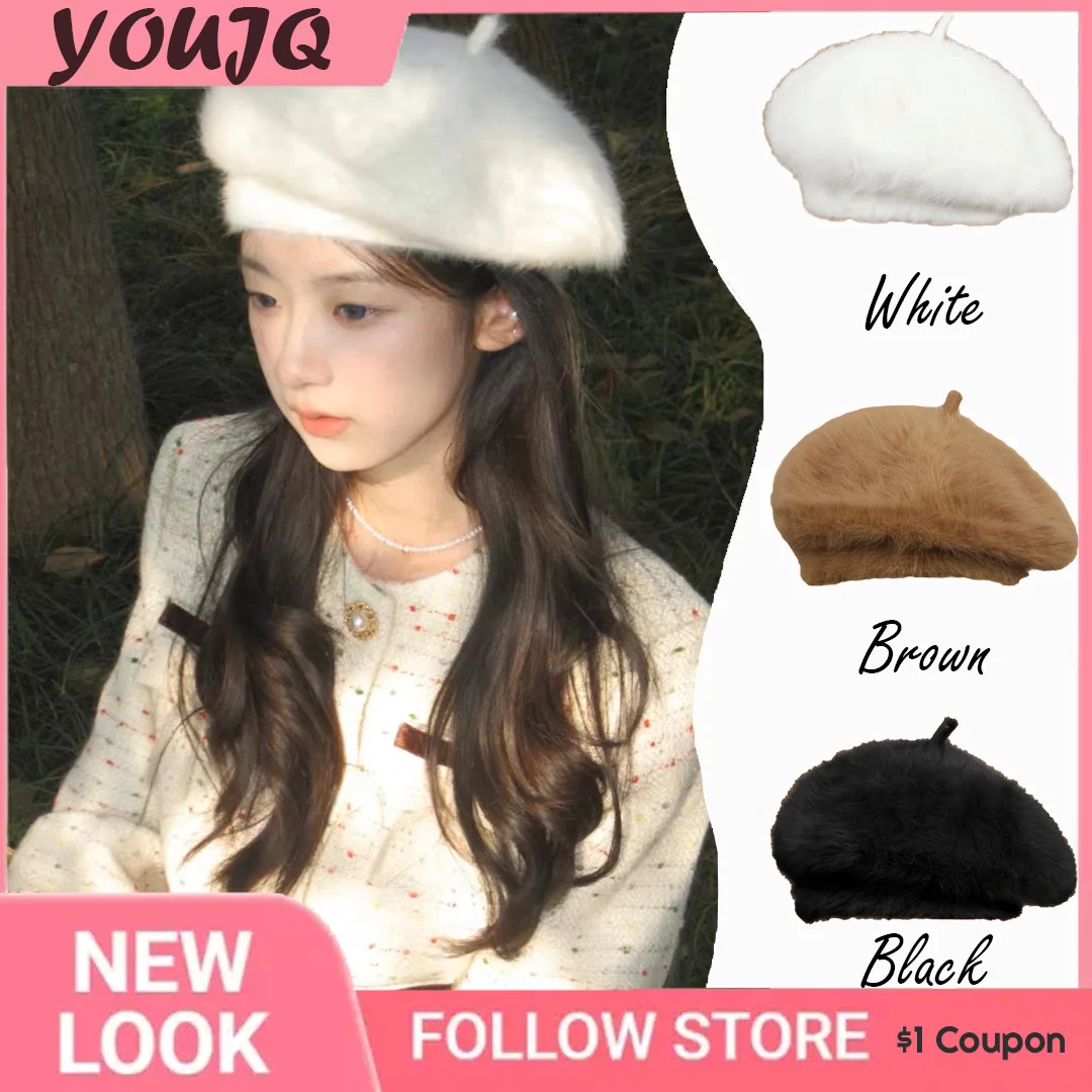 Winter Angora Rabbit Fur Berets for Woman Solid Color Beret Comfortable Plush Korean Popular Berets Girl's Shopping Caps Boina