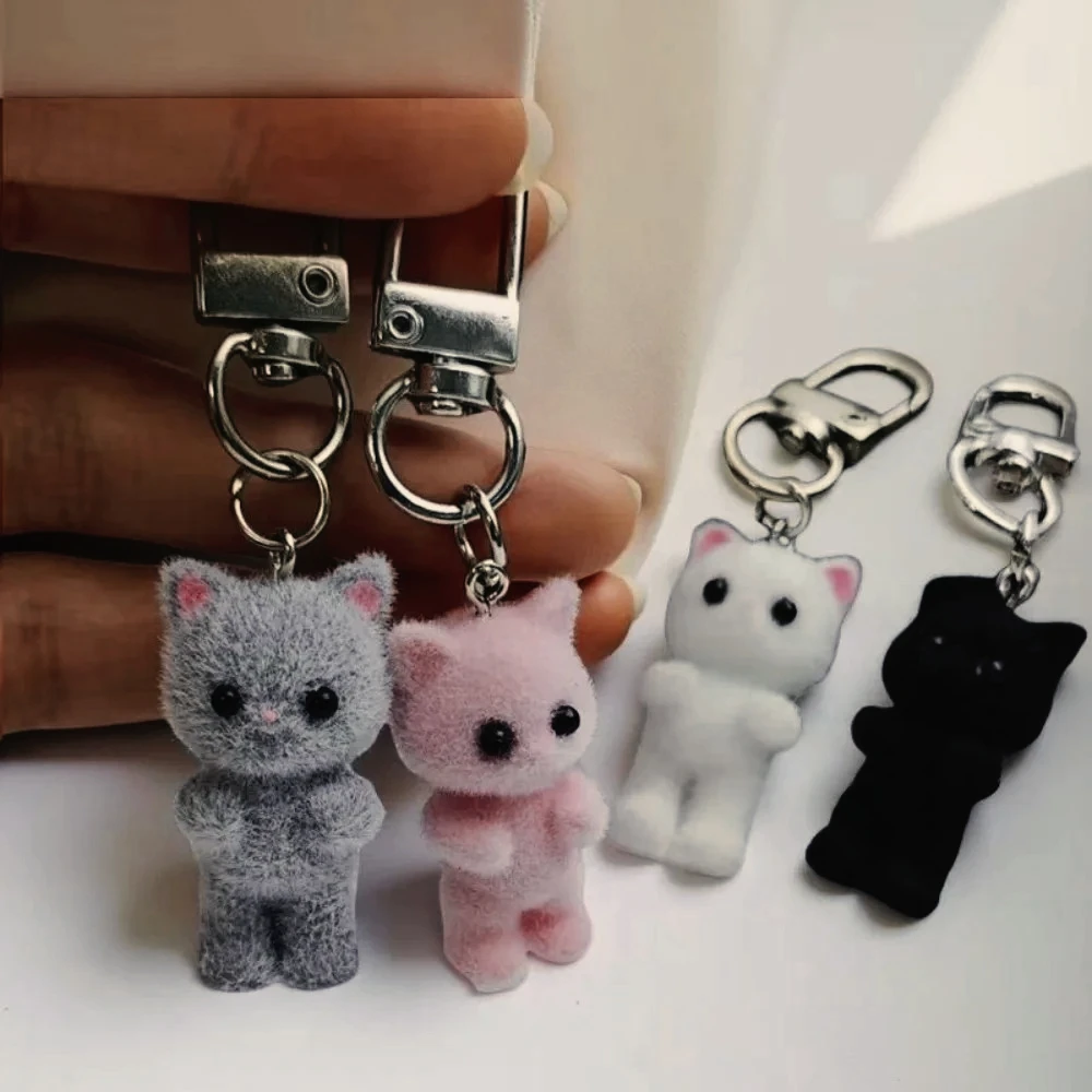 Cute Flocking Simulation Animal 3D Cat Keychain Girl Key Ring Chain Cartoon Cute Doll Bag Purse Phones Pendant Keyring Gift