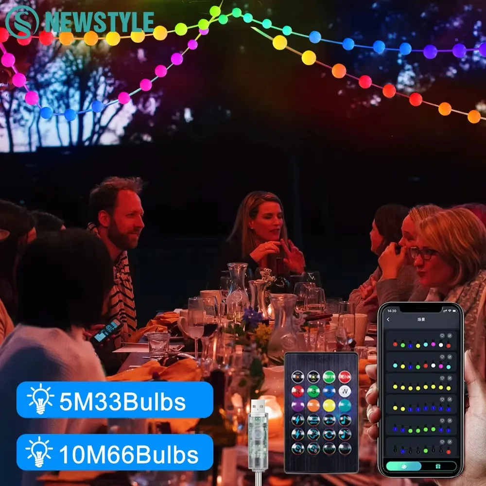 RGB Smart String Lights Outdoor 5M 10M LED Garden String Lights APP Control DIY Twinkle String Lights for Party Holiday Decor