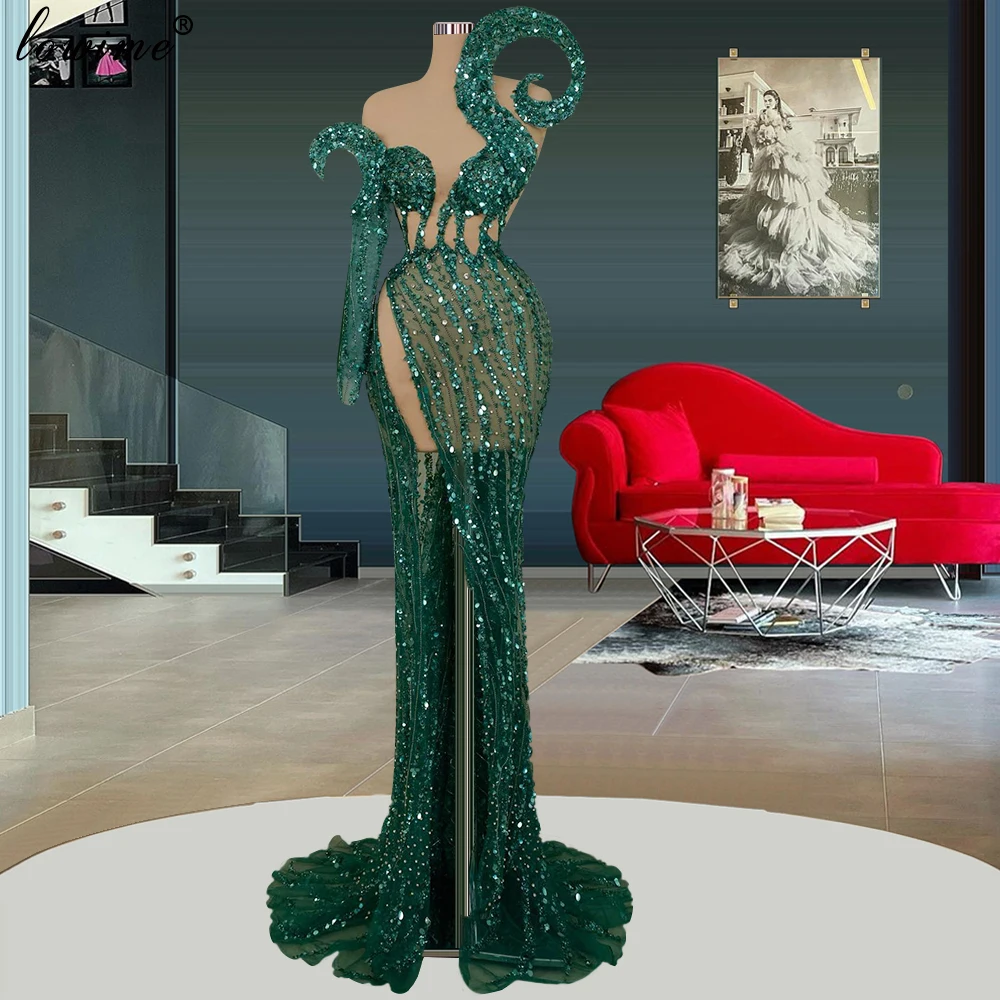 Special Green Sequined Evening Dresses For Women Mermaid Transparent Celebrity Dresses With Side Slit Coutures Robes De Soirée