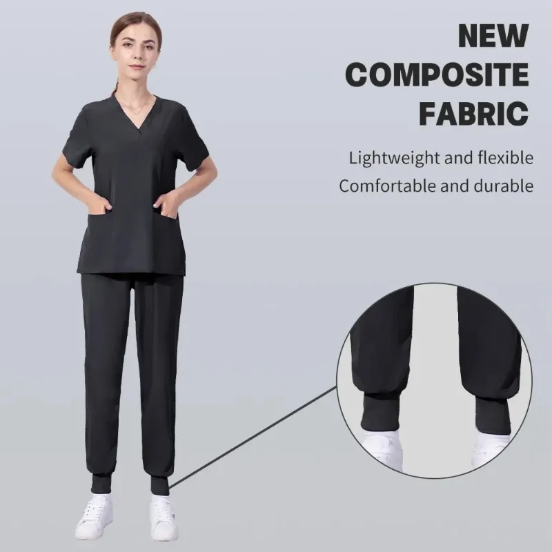 Mulheres cor sólida v-Neck Scrubs conjuntos, vestido cirúrgico, corredores de bolso, conjuntos de uniforme hospitalar, Ternos de moda por atacado