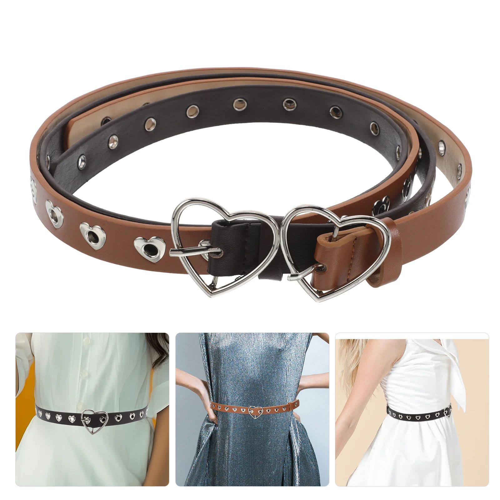 

2Pcs Heart Buckle Waist Belt Comfortable Adjustable Women Belt for Jeans Skirt Dress Fashion Decorative Accessory