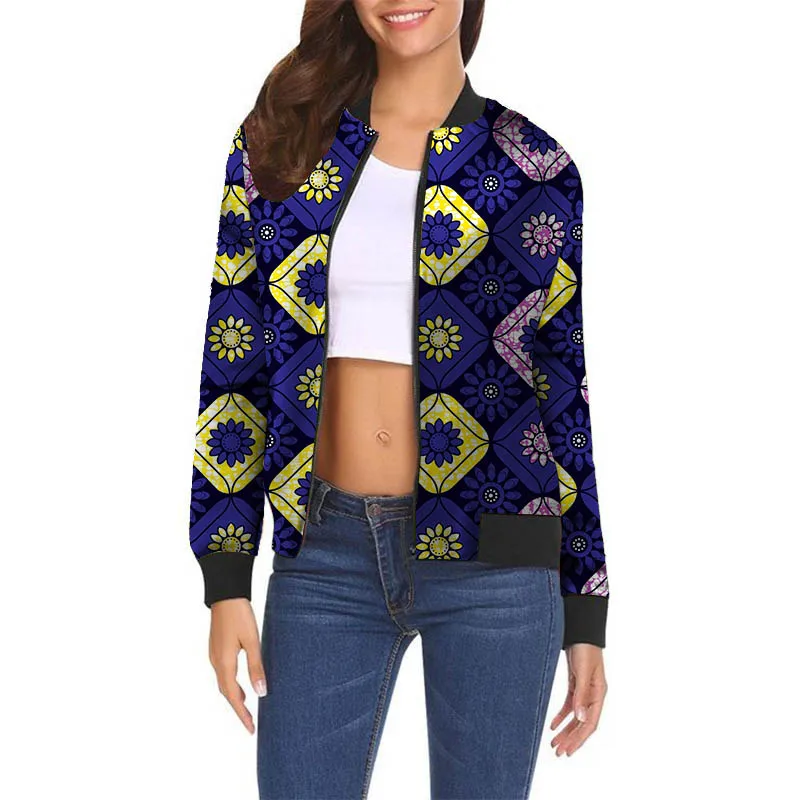 Elegant Vintage Print Baseball Jacket African Culture Women Casual Short Coats Long Sleeves Outer Wear