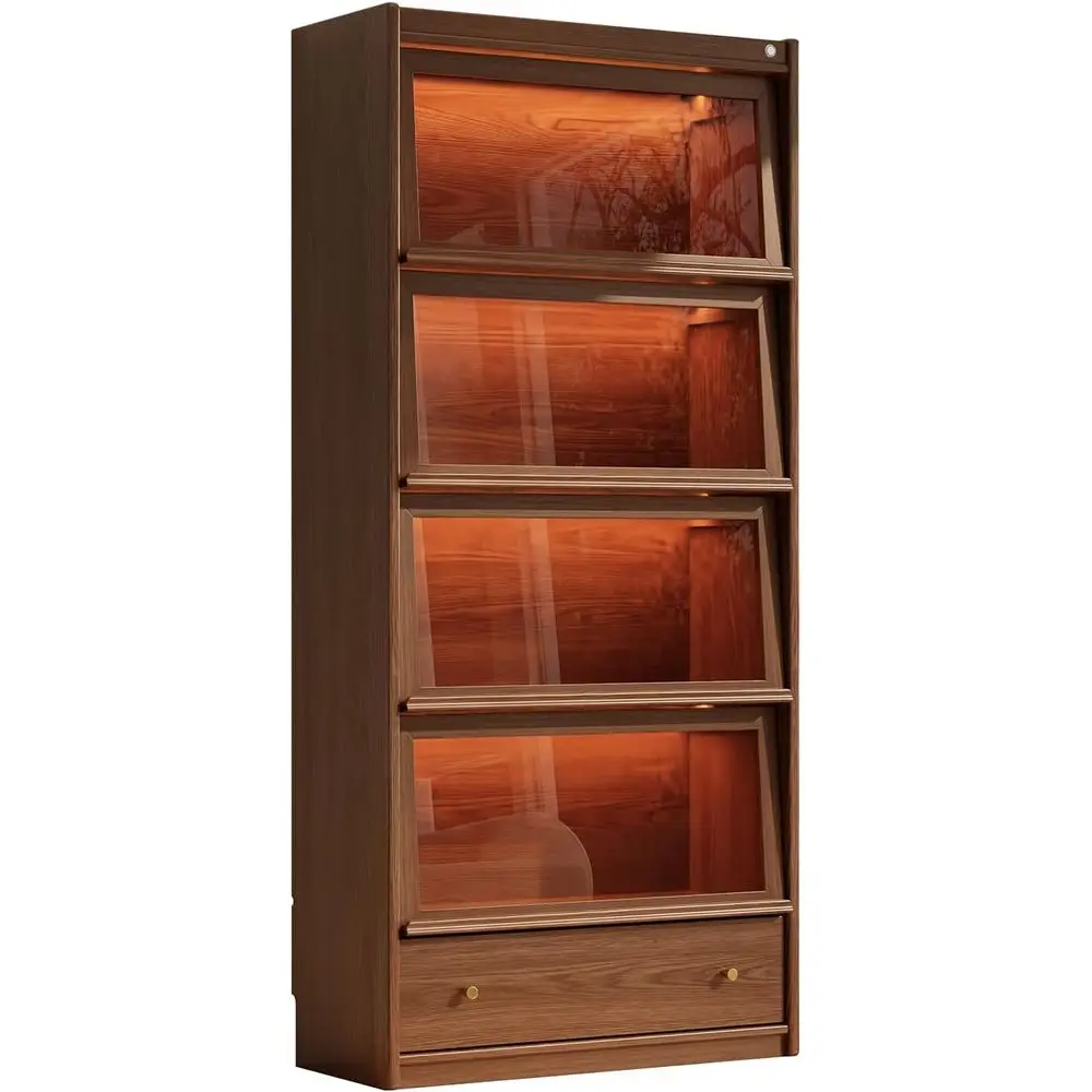 

5-Tier LED Lighted Solid Wood Bookcase, 73.5 Tall with Glass Doors, Storage Display Cabinet for Living Room