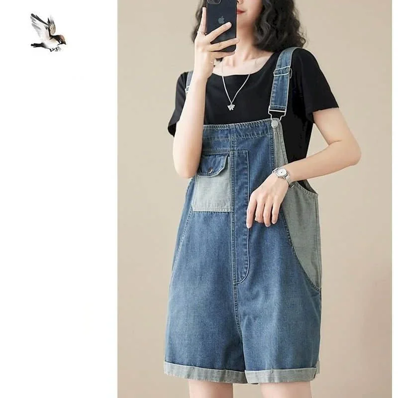 Celana Kodok Denim Vintage Korea Fashion Baju Monyet Patchwork Longgar Lebar Kaki Celana Pendek Kasual Baju One Piece Pakaian Pakaian Wanita