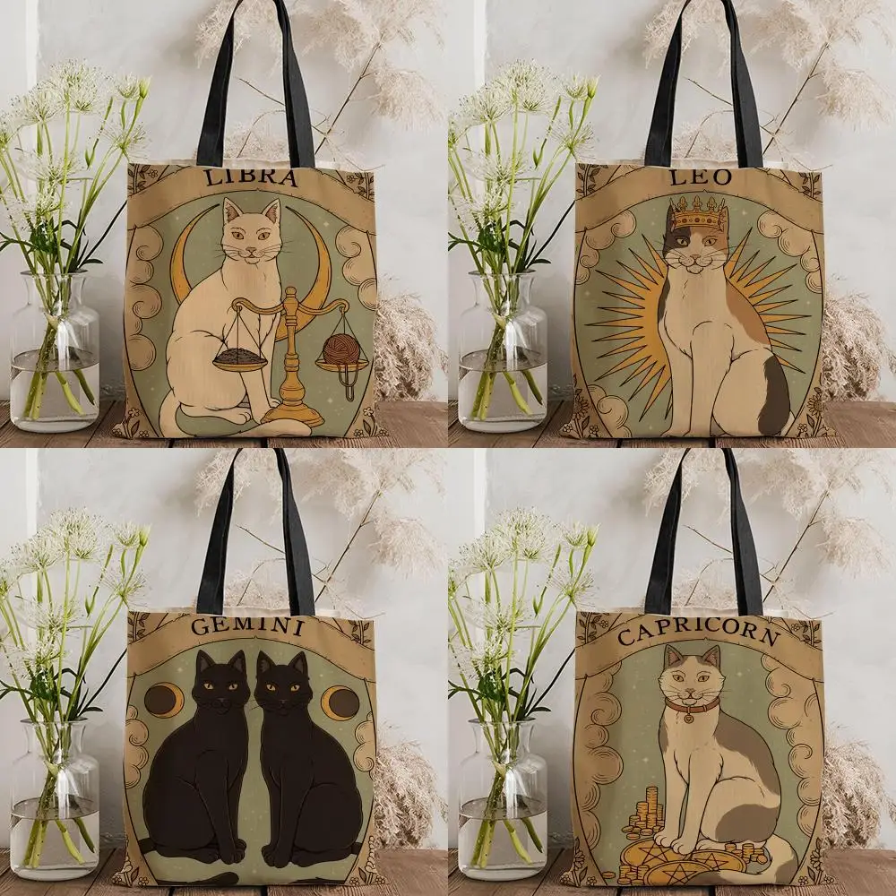 Cute Cat Tarot Cards Storage Bags Canvas Double-Sided Print Tote Bag Large Capacity Shoulder Fashion Shopping Handbag