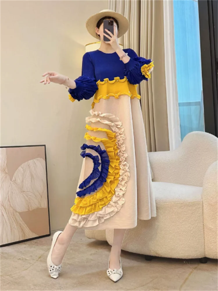 Miyake Tie Flower Design Women's Pleated Dress O-neck Long Sleeve Colorblock Patchwork Chic Beading Loose Famale Clothes