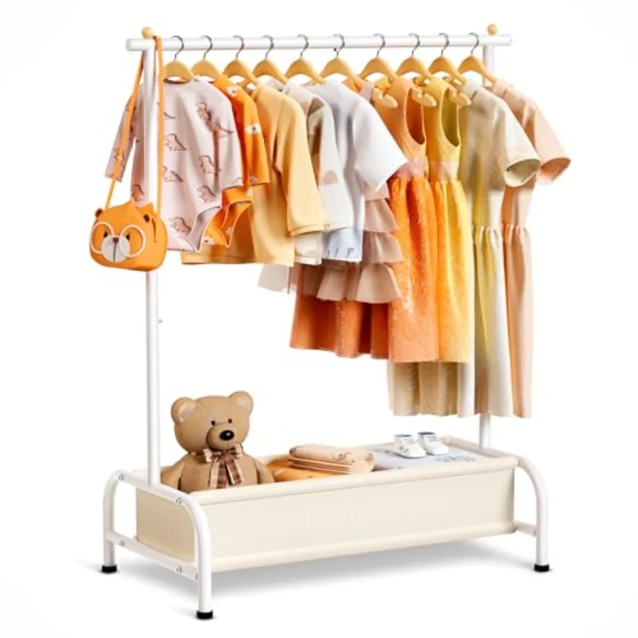 

Clothing Rack with Basket Small Dress Up Storage Short Toddler Dress Up Rack Closet for Baby Clothes White