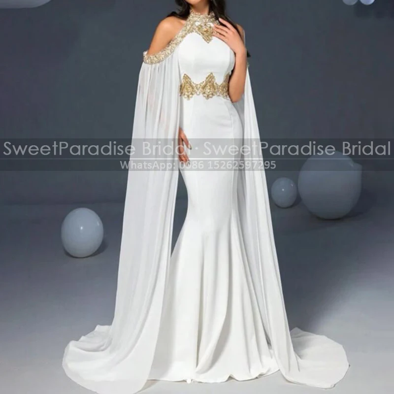 

Off Shoulder Mermaid Evening Dress Gold Appliqued Beaded Customized Long Cape Sleeves White Sheath Masquerade Dress Party