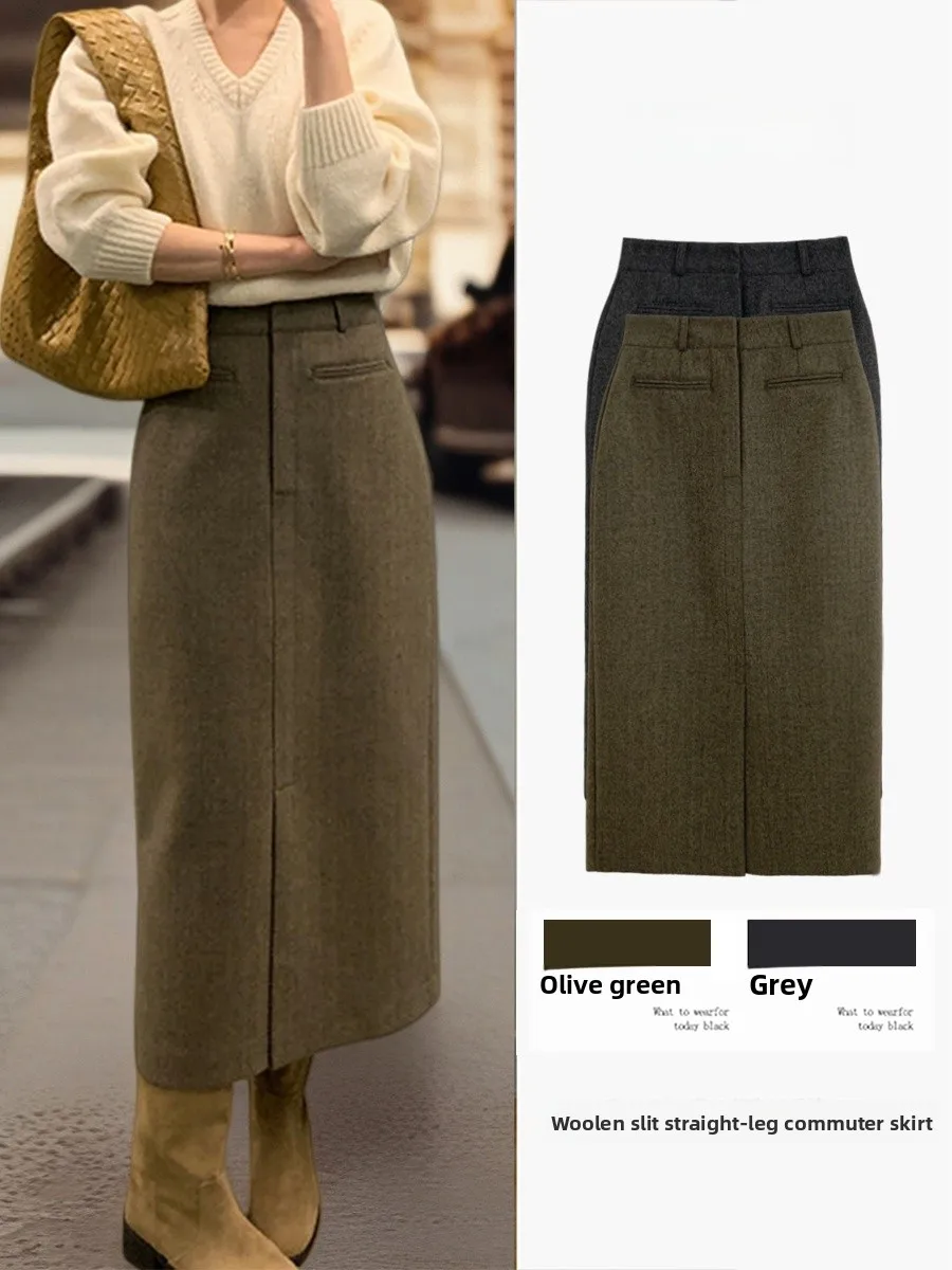 

Длинная шерстяная юбка с высокой талией, женская осенне-зимняя новая прямая юбка-труба на молнии для похудения Dr Ci Commute