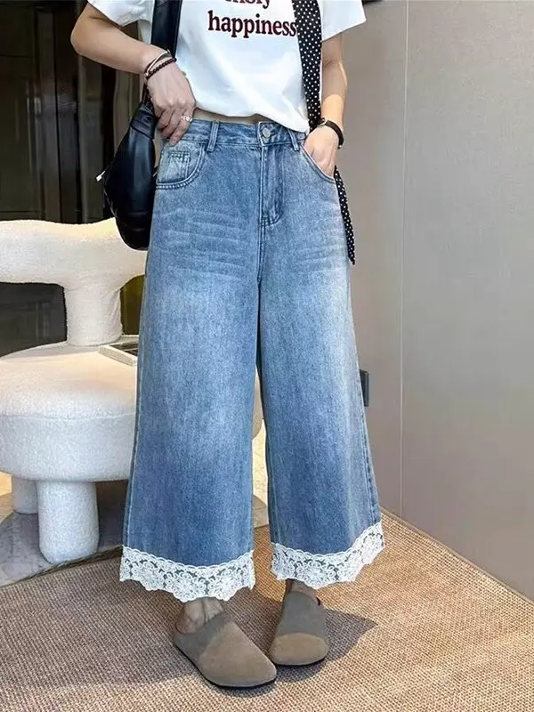 

Loose Fit Straight Leg Denim Jeans Women's Spring New Large Size Fat MM Lace Trimmed Wide Leg Pants High Waist Nine Points