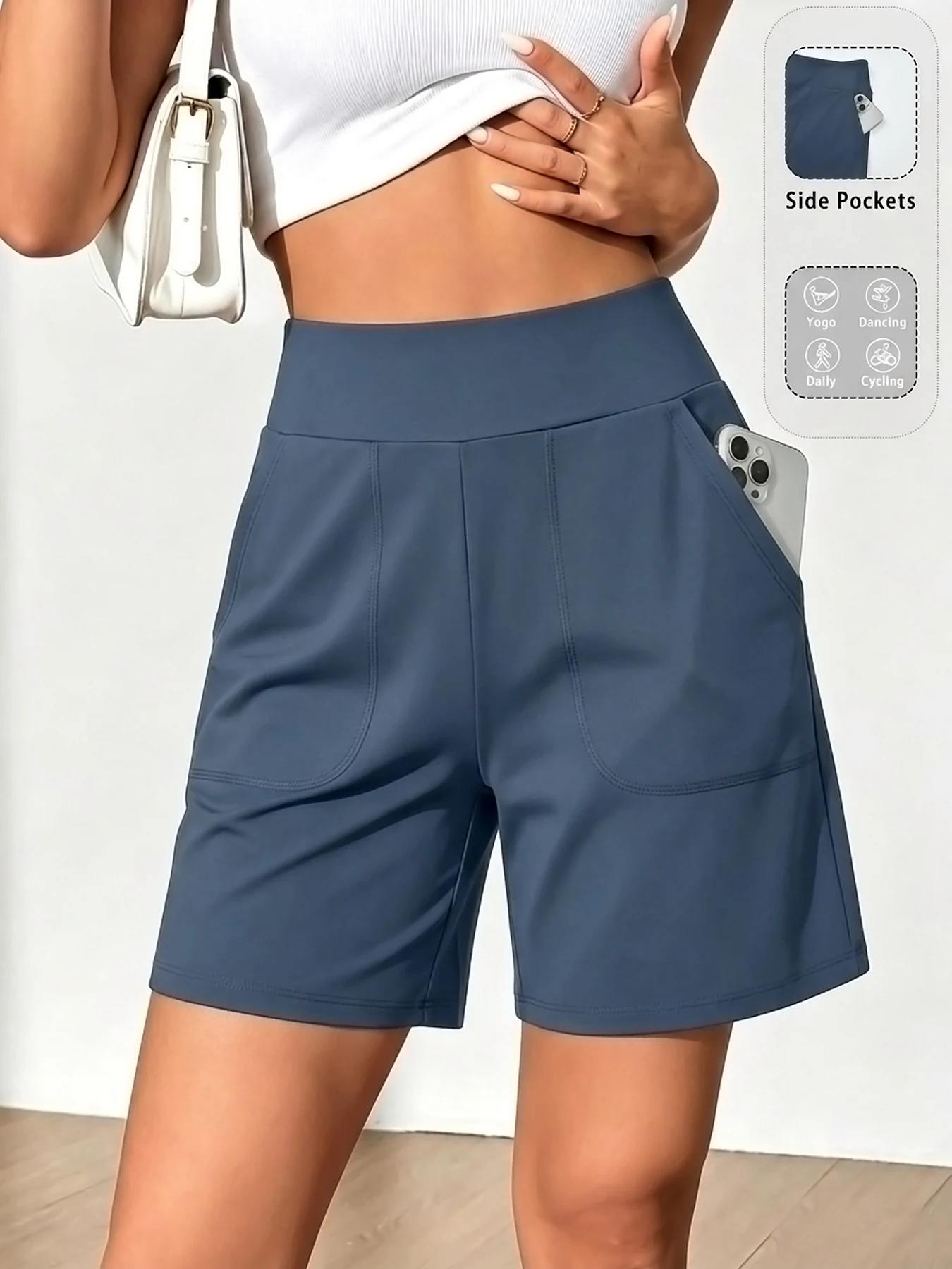 Bermudashorts voor dames met zakken, hoge taille, lange shorts voor hardlopen, workout en sport.