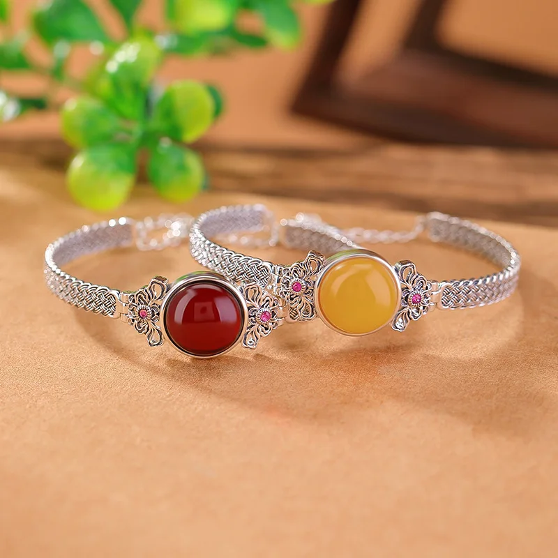 S925 Sterling Silver Blood Amber Ruyi Woven Surface Bracelet Hollow Bangle