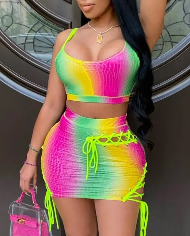 

Sexy Women 2 Piece Outfits Set Gradient Color Crop Top & Eyelet Lace-Up Skirt Set Female Suit Summer Slim Party Club Clothing