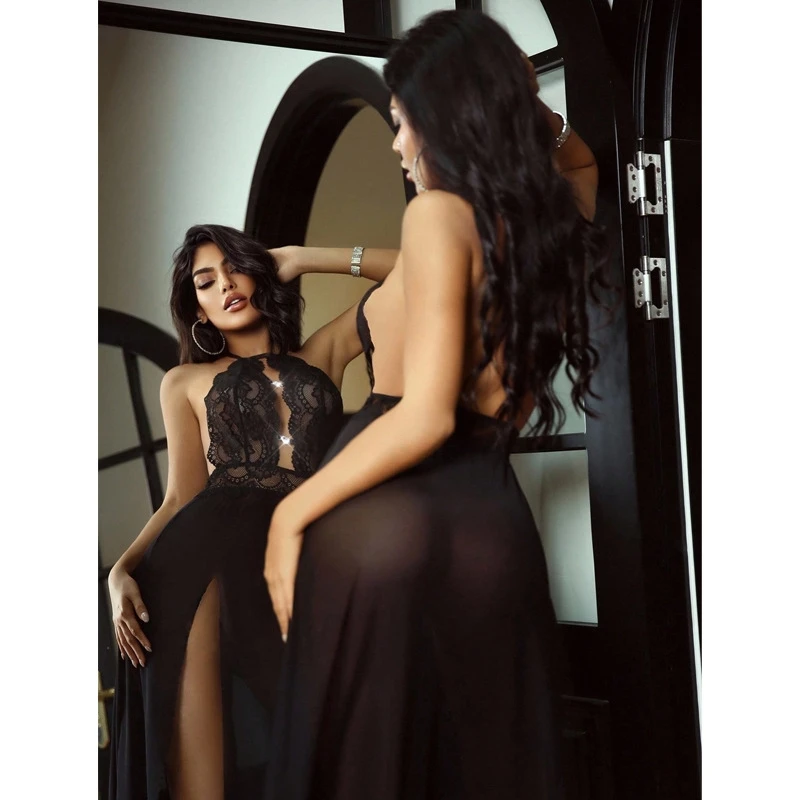 Piyama Seksi Gaya Eropa, Pakaian Dalam Tipis Leher Halter Wanita, Gaun Dewi dengan Rumbai Panjang L741