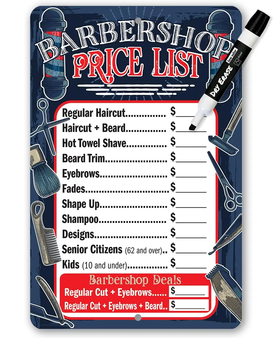 Y1,Metal Sign - Dry-Erase Barbershop Price List Durable Metal Use Indoor/Outdoor Makes a Great Decor and Gift