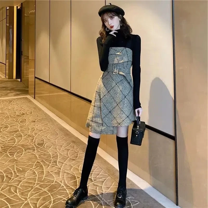 2023 Autumn Winter Women's 2 Piece Dress Set Lady Graceful Slim Plaid Mini Irregular Dresses Sweater Suit Fashion Outfits Female