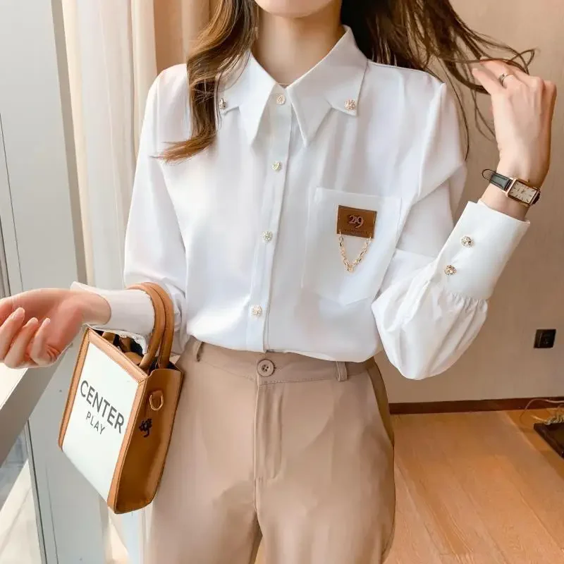 Office Lady Commute Solid Color Single-breasted Shirt Autumn Fashion Chain Spliced Turn-down Collar Blouse Women\'s Clothing