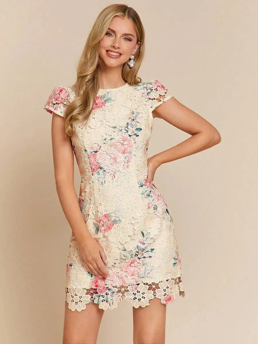 

Women's Lace Floral Print Short Sleeve Dress with Asymmetrical Hem