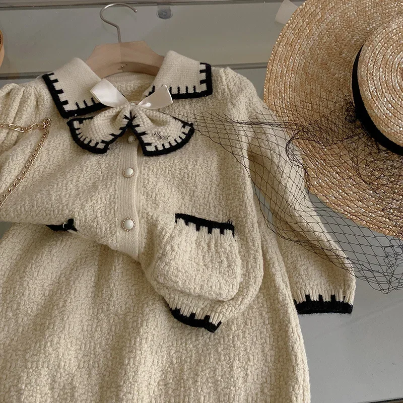 Conjunto de dos piezas para niños y niñas, ropa bonita, cárdigan con cuello tipo Polo, Top y media falda, moda de otoño, novedad de 2023