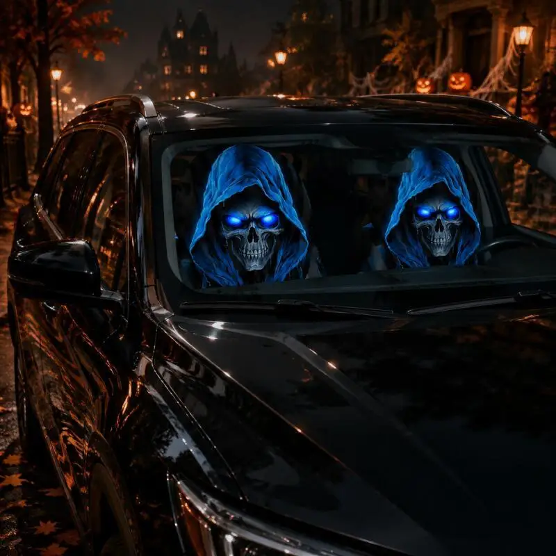 1 Pair Car Seat Headrest Cover, Fun Style Ghost Blue Skull Protective Covers, Elastic Dust-proof Car Interior Decoration