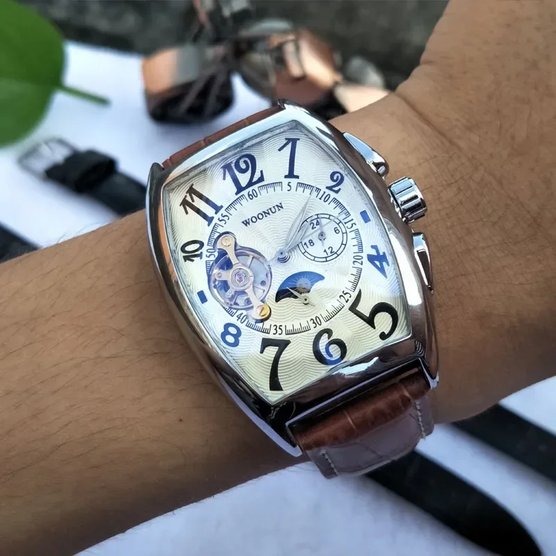 Reloj SEWOR, relojes mecánicos Tonneau a la moda, relojes de pulsera mecánicos automáticos dorados de lujo para hombre, Tourbillon de fase lunar para hombre