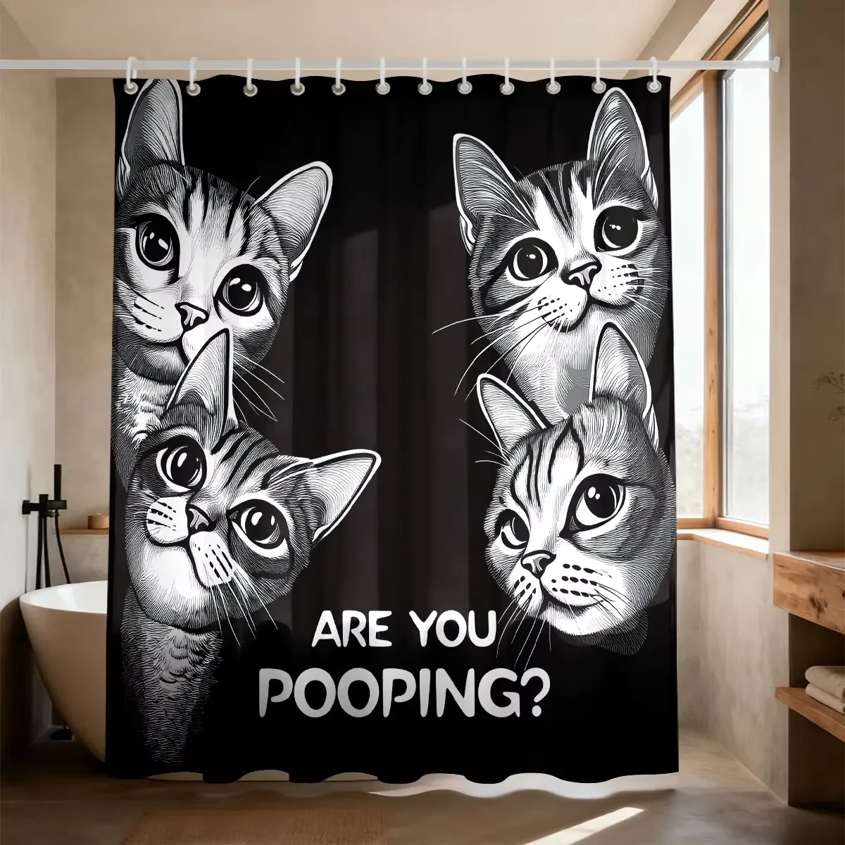 1pc Cute Cat Print Shower Curtain, with 12 Hooks, Machine Washable, for Shower Partition and Privacy Bathroom Decor Curtain