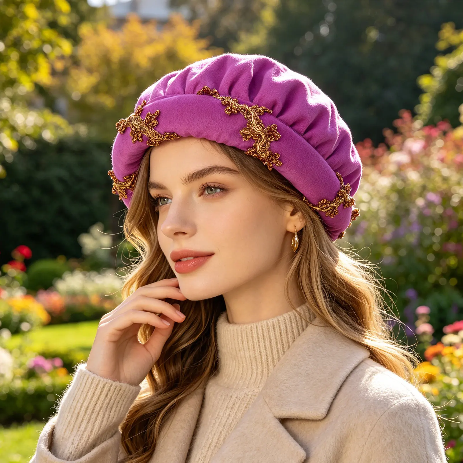 Gorro Acolchado Medieval Renacentista Vintage para Mujer y Hombre, Disfraz de Cosplay para Festival, Cálido, Cubre Orejas y Nuca, 59 cm