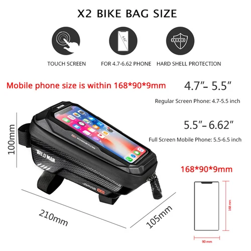Imagen 2 del producto Bolsa de bicicleta WILD MAN, bolsa frontal a prueba de lluvia para ciclismo, bolsa para teléfono de bicicleta con pantalla táctil, funda para teléfono móvil de 6,5 pulgadas, accesorios para bicicleta de montaña