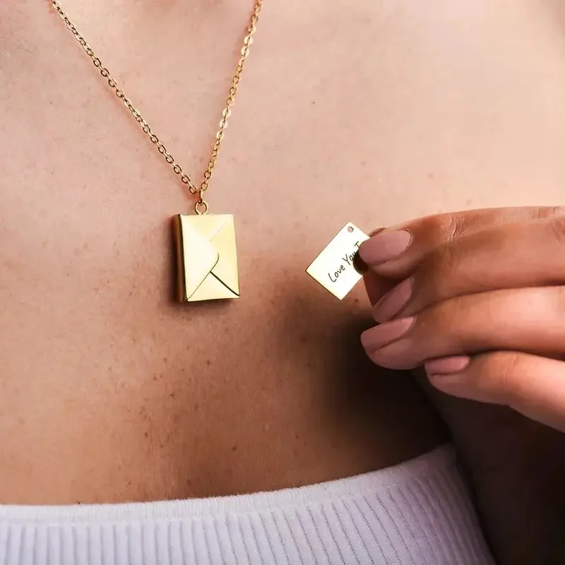 Personalized Envelope Love Letter Necklace, Custom Engraved Inner Card, Secret Confession Jewelry For Girlfriend Valentine Gift