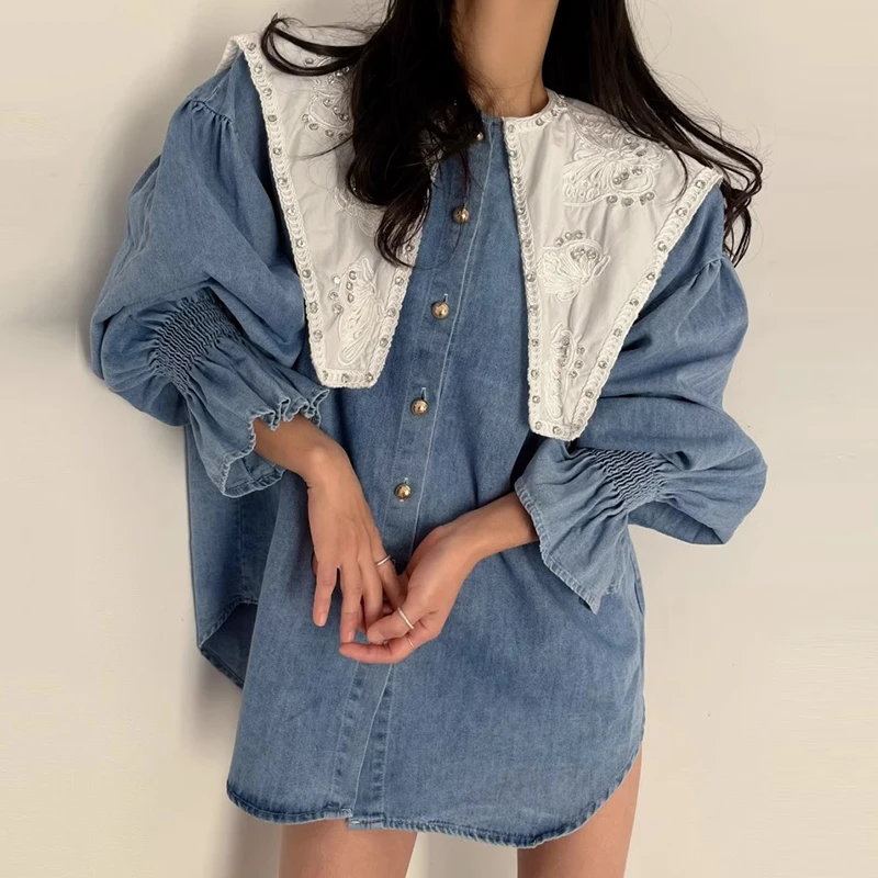 

Women Korean Chic Spring Vintage Embroidered Doll Collar Loose Casual Flared Sleeve Denim Shirt Jacket