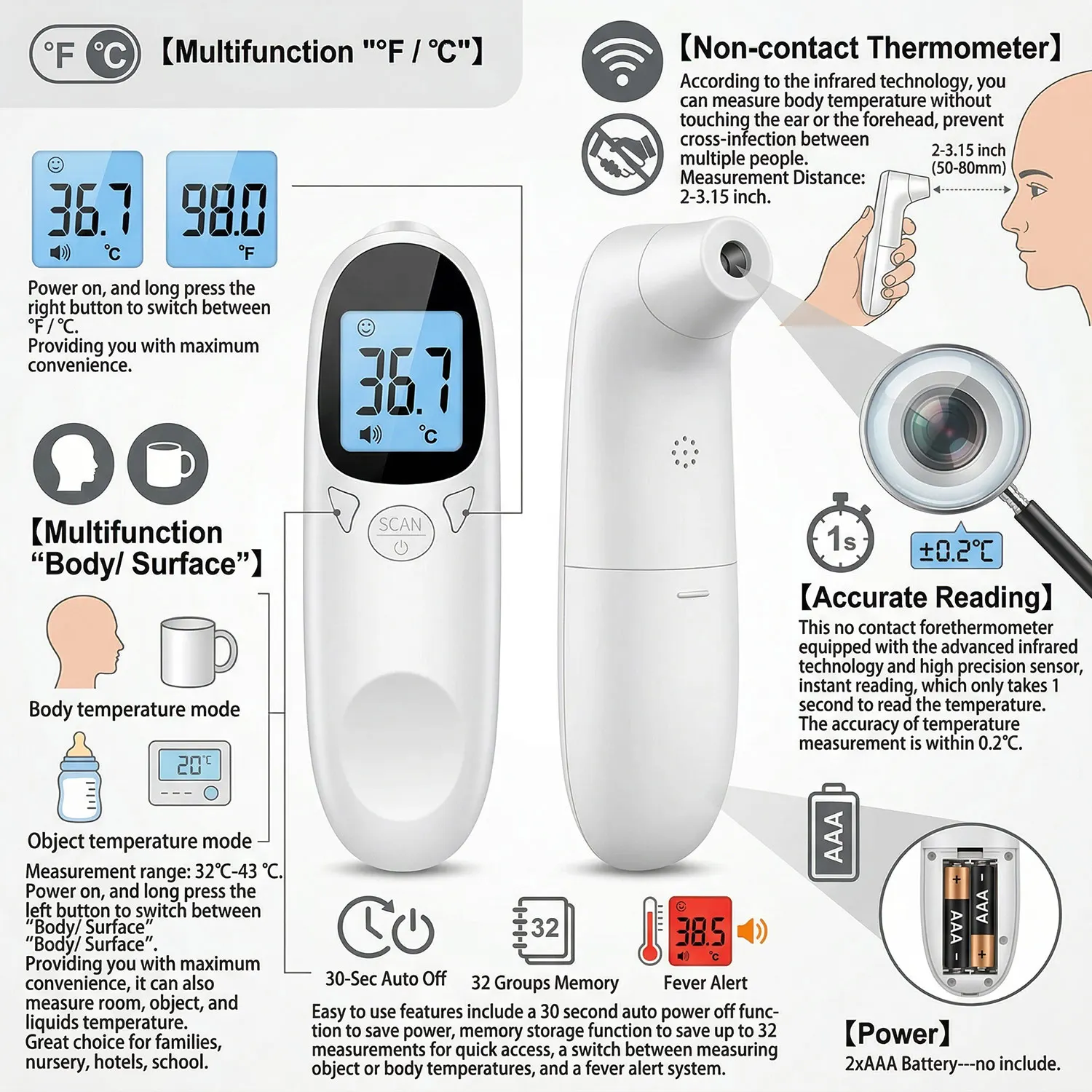 Medical Ear Thermometer Infrared Digital Measure Fever Temperature Adult Child Clinical Non-Contact Front Thermometer Body