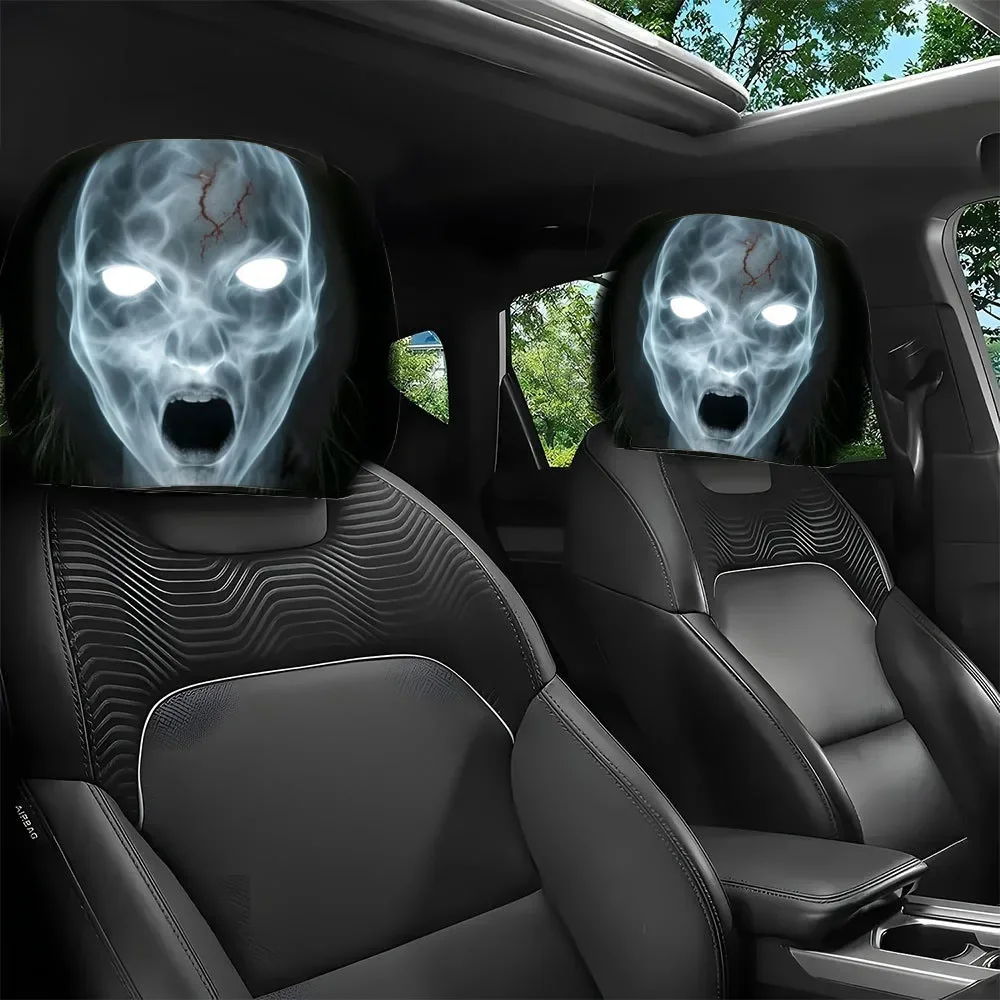 2Pcs Halloween Horror Face Printing Car Headrest Covers Universal Elastic Car Seat Headrest Cover Dustproof Protective Sleeve