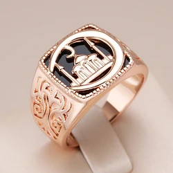 Kinel Hot Punk Black Stone Square Castle Men Ring Fashion 585 Rose Gold Color Accessories High Quality Daily Fine Jewelry