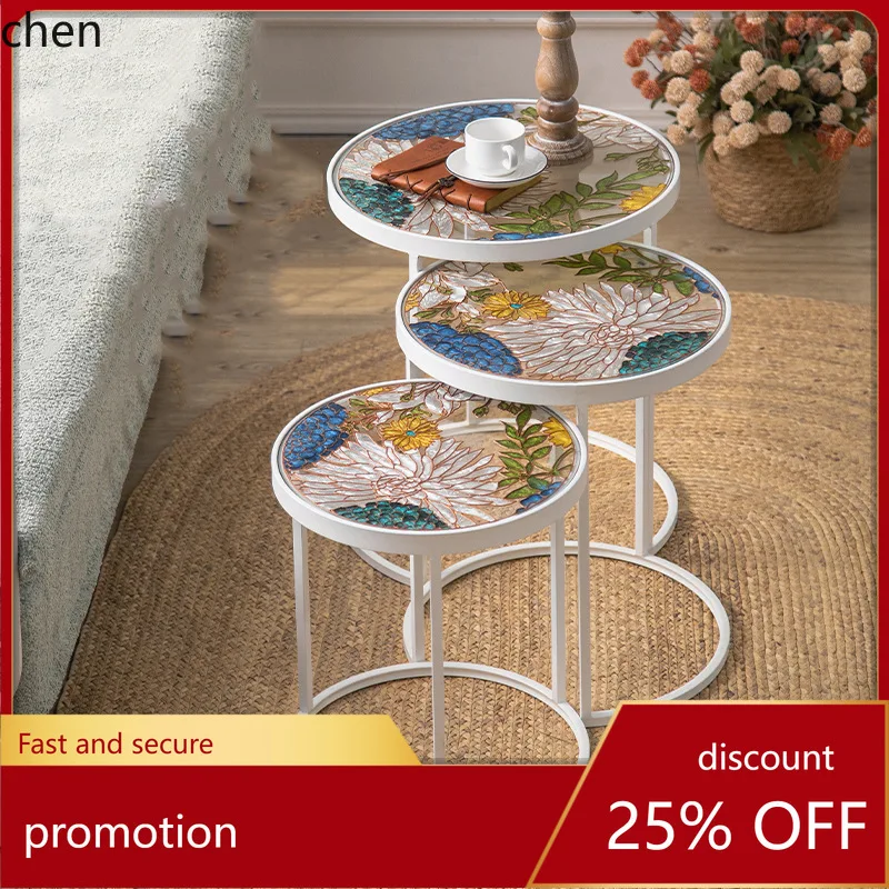 HT Enamel Color Hand-painted Tea Table Couple Living Room Personality Creative Glass Small Side Table Set