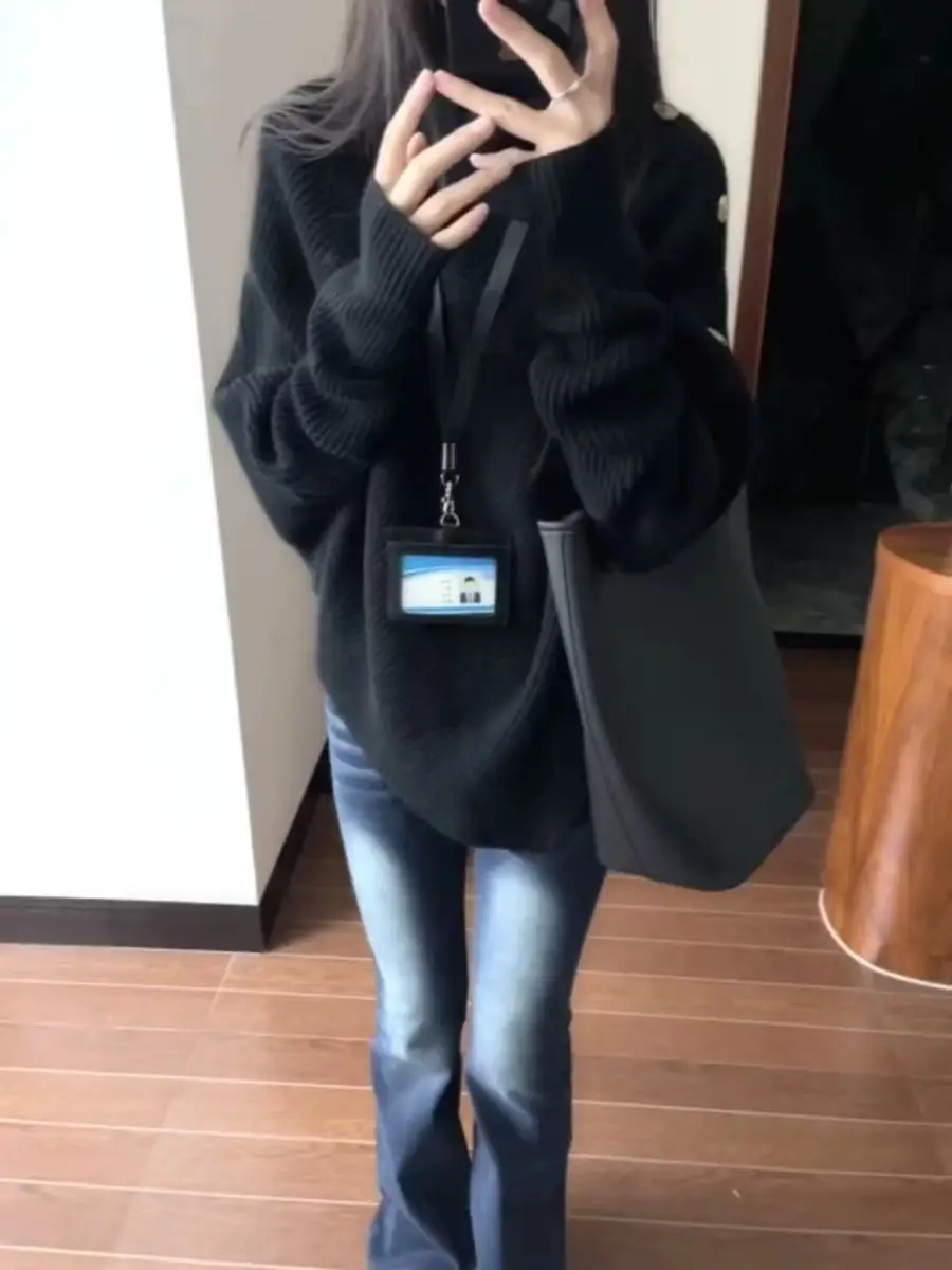 Suéter de Tricô sso de Gola Alta Oversized para Mulheres, Estilo Casual de Cor Sólida para Outono e Inverno