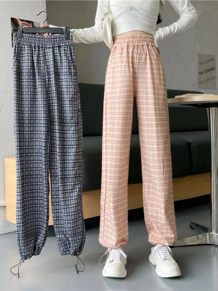 

Широкие брюки в клетку с высокой талией, повседневные прямые корейские женские осенние модные брюки, студенческие длинные брюки, модные