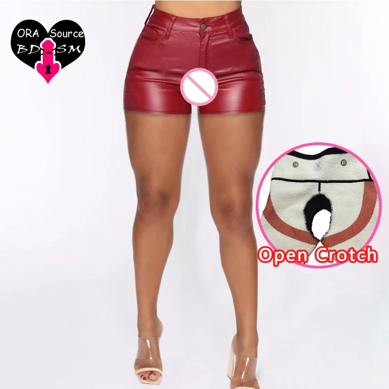 Leggings de couro feminino de crotch aberto, mini calça sexy, cintura alta, zíperes escondidos, clotchless clubwear, meninas, ao ar livre, sexo