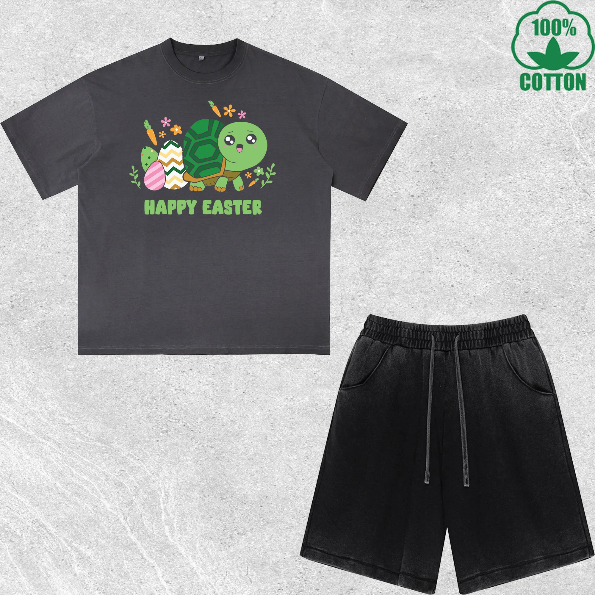 

Chibi Easter Turtle Printed Dirty Wash T-Shirt Shorts Set Multicolor Combo Loose Trendy Fashionable 100%Cotton Short Value Pack