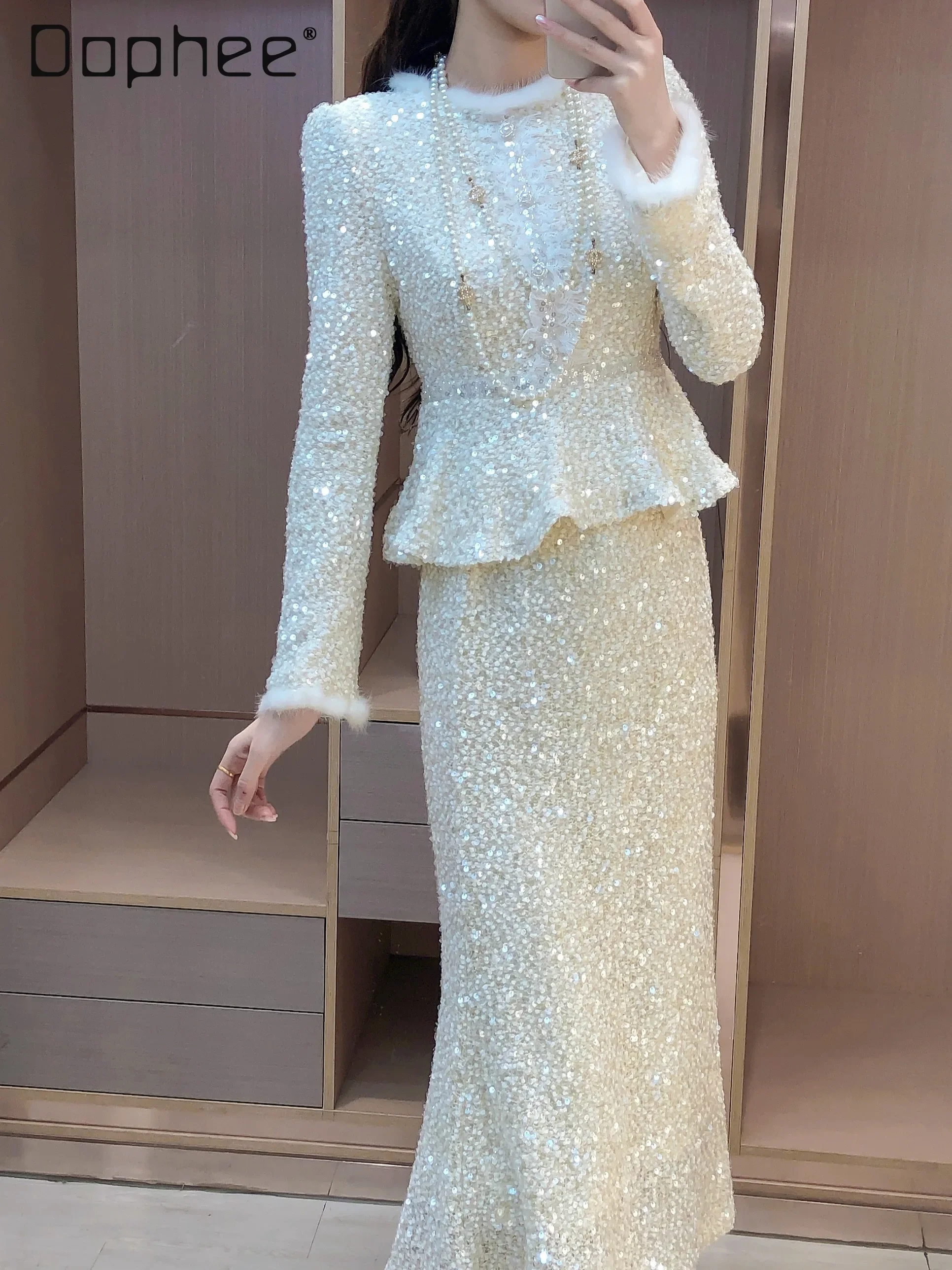 French Celebrity Temperament Plush Round Neck Beaded Sequins Slim Long-sleeved Top High Waist Slim Skirt Two-piece Set Women