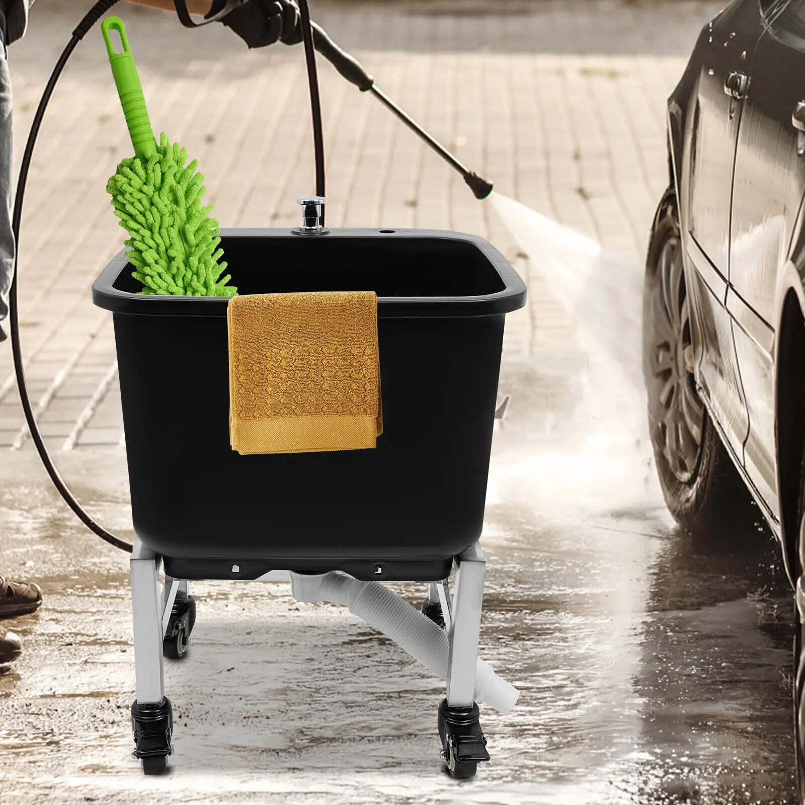 

Modern Black Freestanding Floor Mop Sink, Plastic Mop Basin, Household Mop Buckets